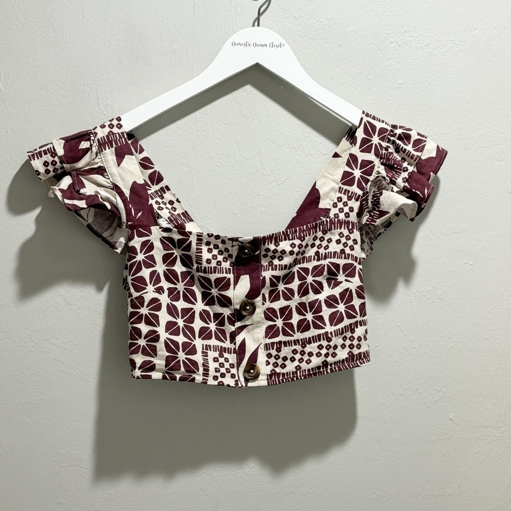 OLIVACEOUS Women’s Purple Beige Smocked Crop Top Flutter Straps Size Small